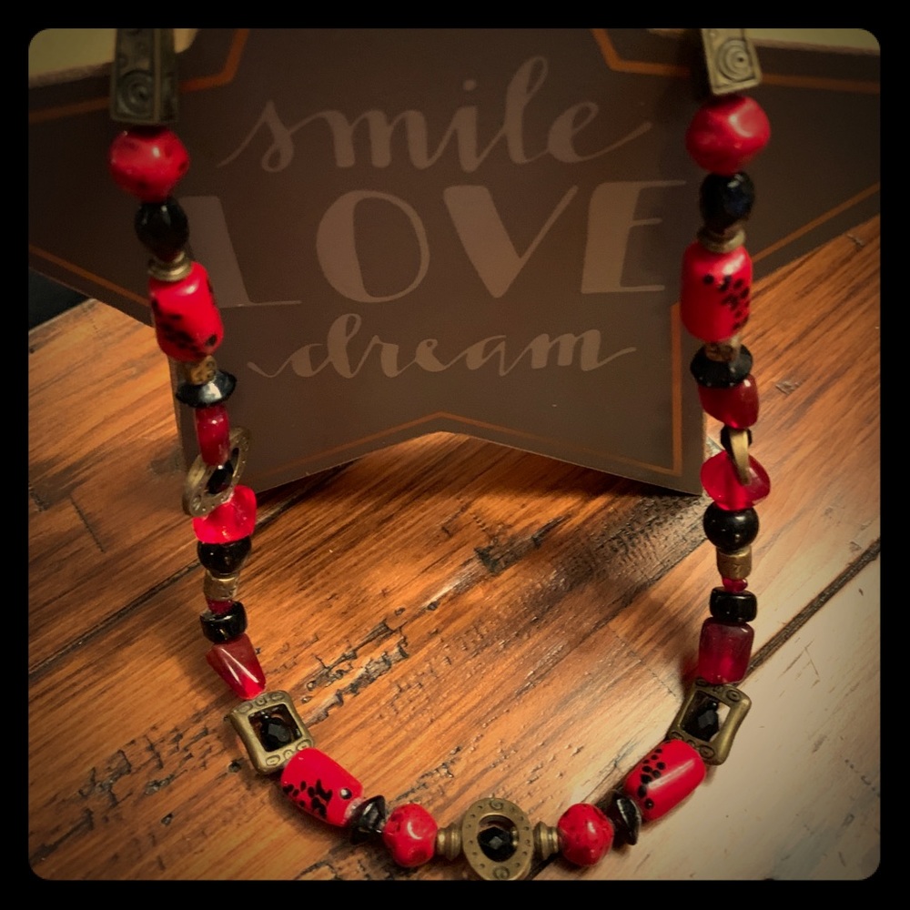 CHICO'S Vintage Asian inspired beaded antique brass necklace